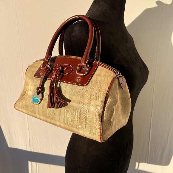 Vtg Y2K Dooney & Bourke Logo Satchel Handbag Tan Plaid Canvas Leather Trim EUC - Picture 1 of 9